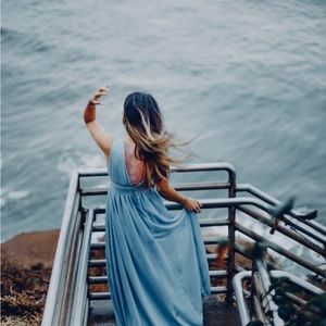 Windsor Blue full length dress- modeling-photoshoot size Xs